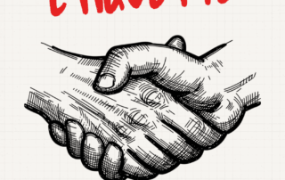 Two hands shake beneath the title for a murder mystery party etiquette guest guide.