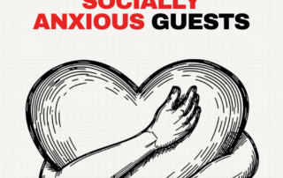 A figure hugs a heart beneath the title about making a murder mystery party easier for socially anxious guests.