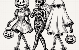 Three illustrated skeleton party guests in a pumpkin costume, floral veil, and ghost outfit beneath the title “What to Wear to a Murder Mystery Party.”