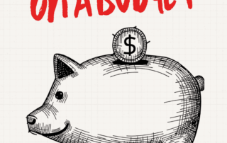 Hand-drawn piggy bank with a dollar coin on graph paper beneath the title “Host a Murder Mystery Party on a Budget Without Making It Feel Cheap.”