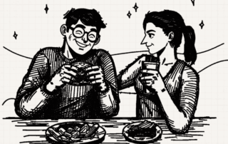 Two hand-drawn guests eat and drink beneath the title Murder Mystery Party Food and Drink Ideas That Let Guests Keep Playing.