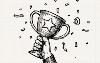 A hand holds a trophy beneath the title about murder mystery party prizes and awards guests actually want.