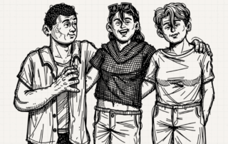 Illustrated teen and adult guests beneath the question about playing the same murder mystery game.