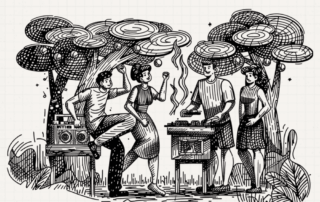 Illustrated outdoor party with guests beneath the title about hosting without losing the clues.