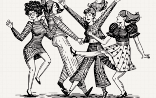 Four costumed guests dancing beneath the words Can the host play too? Yes, without knowing the killer.