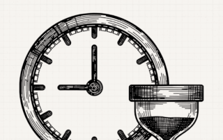 An engraved clock and hourglass illustrating how long a MortalCase murder mystery party takes.