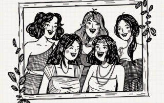 Five illustrated party guests in a frame for a practical murder mystery character casting guide.