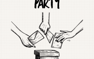 Several hands hold voting cards beneath the title about ending a murder mystery party with voting, the Reveal, and awards.