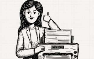 An illustrated host beside a printer for a guide to printing a MortalCase murder mystery game without wasting ink or paper.