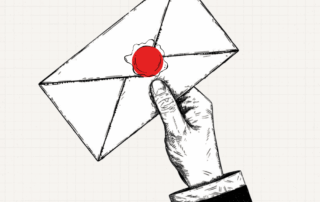 A hand holding a sealed envelope for a guide to murder mystery party invitations.
