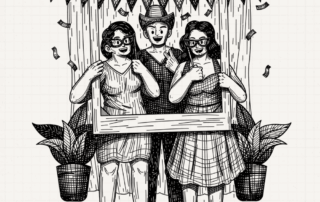 Three costumed guests pose in a frame beneath the title about murder mystery photo booth ideas.