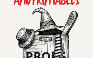A box holds costume props beneath the title about murder mystery props and printables that add to the party.