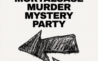 Arrows point inward and outward beneath the title about shortening or extending a MortalCase Murder Mystery Party.