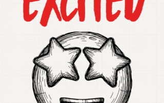 A smiling face with star-shaped eyes appears beneath the title about getting guests excited before a murder mystery party.