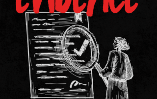 A figure studies a clue through a magnifying glass beneath the title about organizing murder mystery evidence without spoilers.