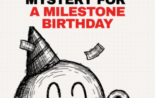 Illustrated birthday clock wears a party hat beneath the milestone birthday murder mystery title.