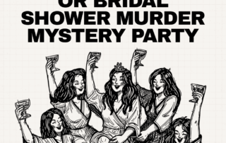 Illustrated bridal party raising glasses beneath the title about hosting a bachelorette or bridal shower murder mystery.