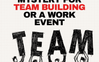 Four coworkers hold letters spelling TEAM beneath the title about hosting a murder mystery for team building or a work event.