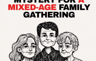 Three generations of a family standing together beneath a mixed-age murder mystery gathering headline.