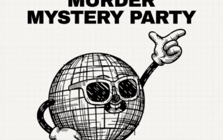 Cartoon disco ball character points beneath the title about hosting a 1970s disco murder mystery party.
