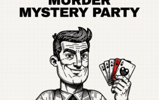 Illustrated casino player holds cards above stacks of chips beneath the casino night murder mystery title.