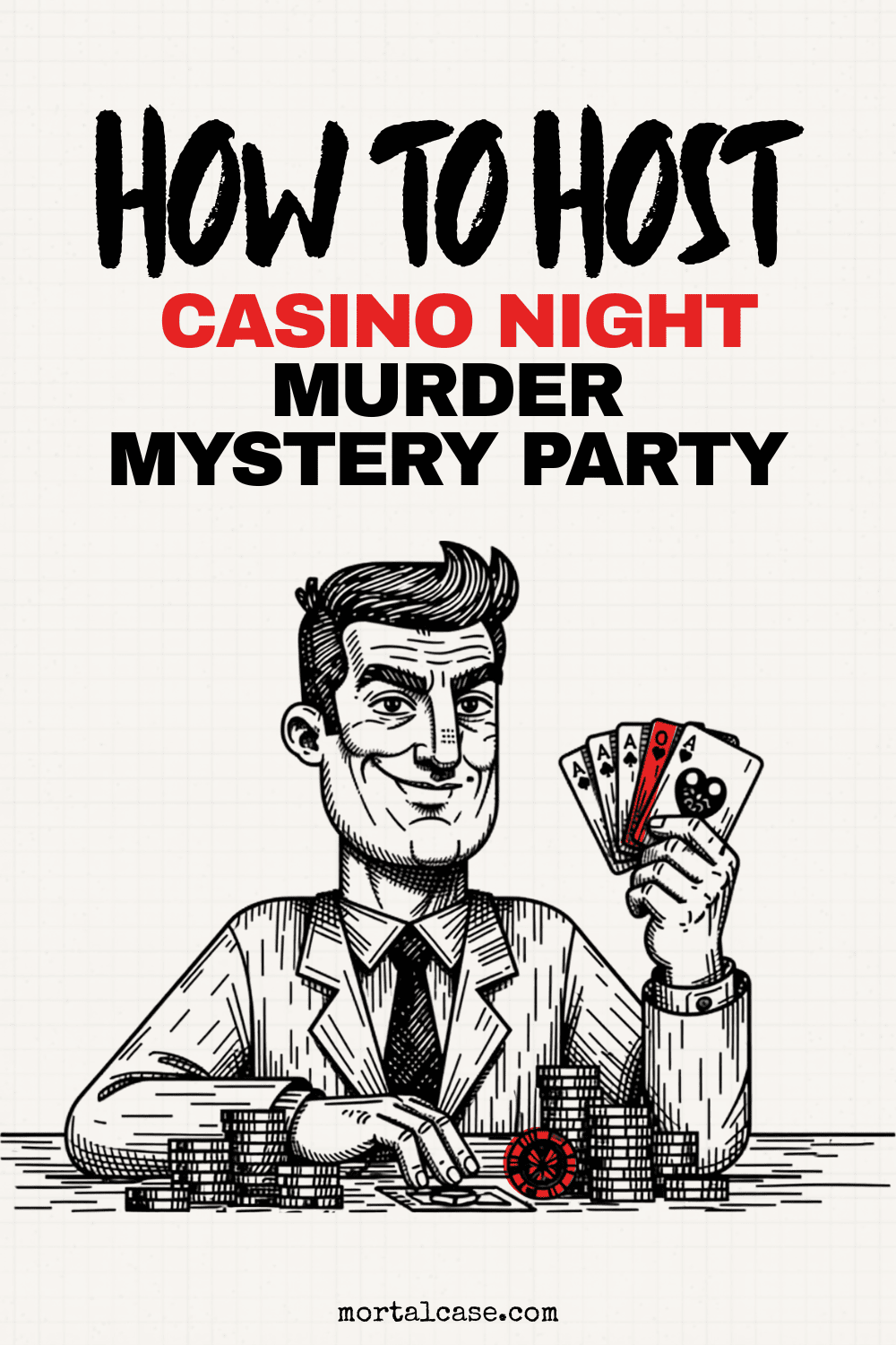 Illustrated casino player holds cards above stacks of chips beneath the casino night murder mystery title.