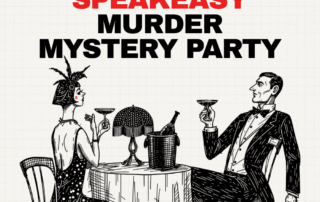 Illustrated 1920s couple raise glasses at a small speakeasy table beneath the murder mystery party title.