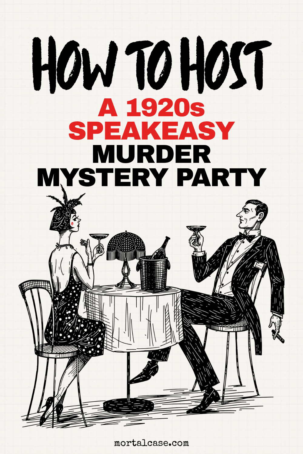 Illustrated 1920s couple raise glasses at a small speakeasy table beneath the murder mystery party title.