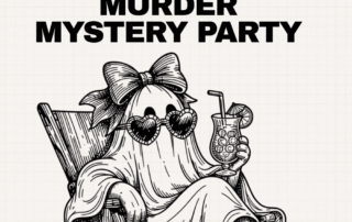 Hand-drawn ghost in heart-shaped sunglasses holding a drink beside a jack-o'-lantern beneath the title “How to Host a Halloween Murder Mystery Party.”
