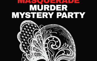 An ornate split masquerade mask in white line art with red lips on a black background.