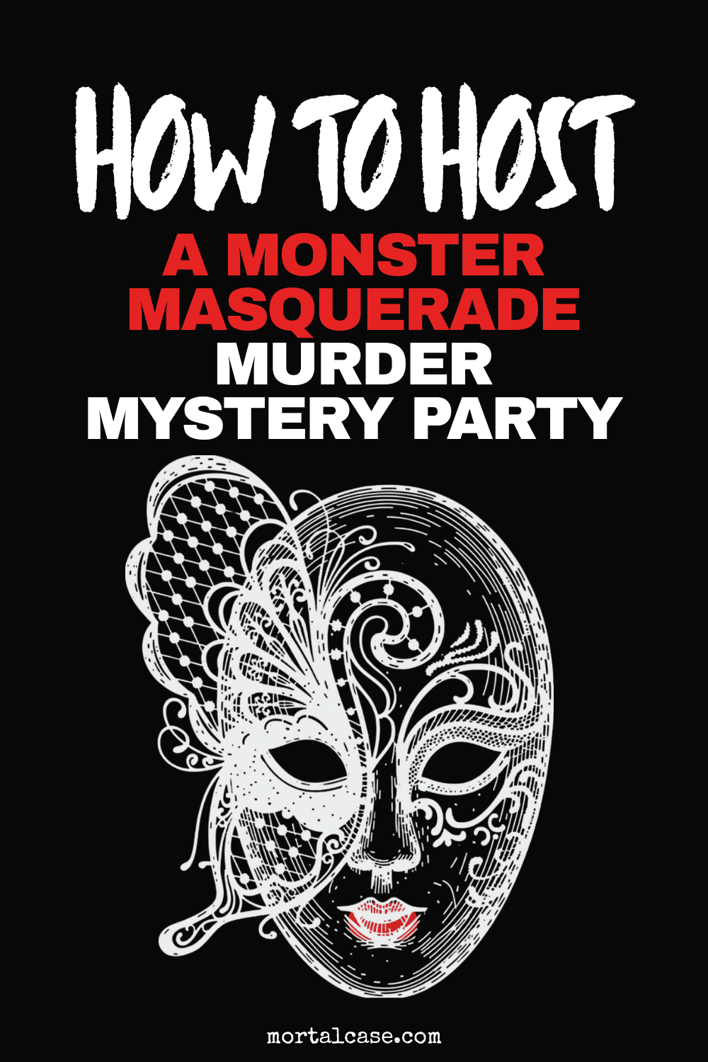 An ornate split masquerade mask in white line art with red lips on a black background.