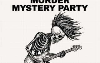 Skeleton with a mohawk plays an electric guitar beneath the rock 'n' roll murder mystery party title.
