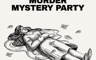 Illustrated mystery victim on the ground beneath the title about hosting a summer murder mystery outdoors.