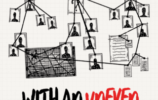 An old-school crime board with drawings of suspects connected by string, under the headline about casting a murder mystery party with an uneven male and female ratio