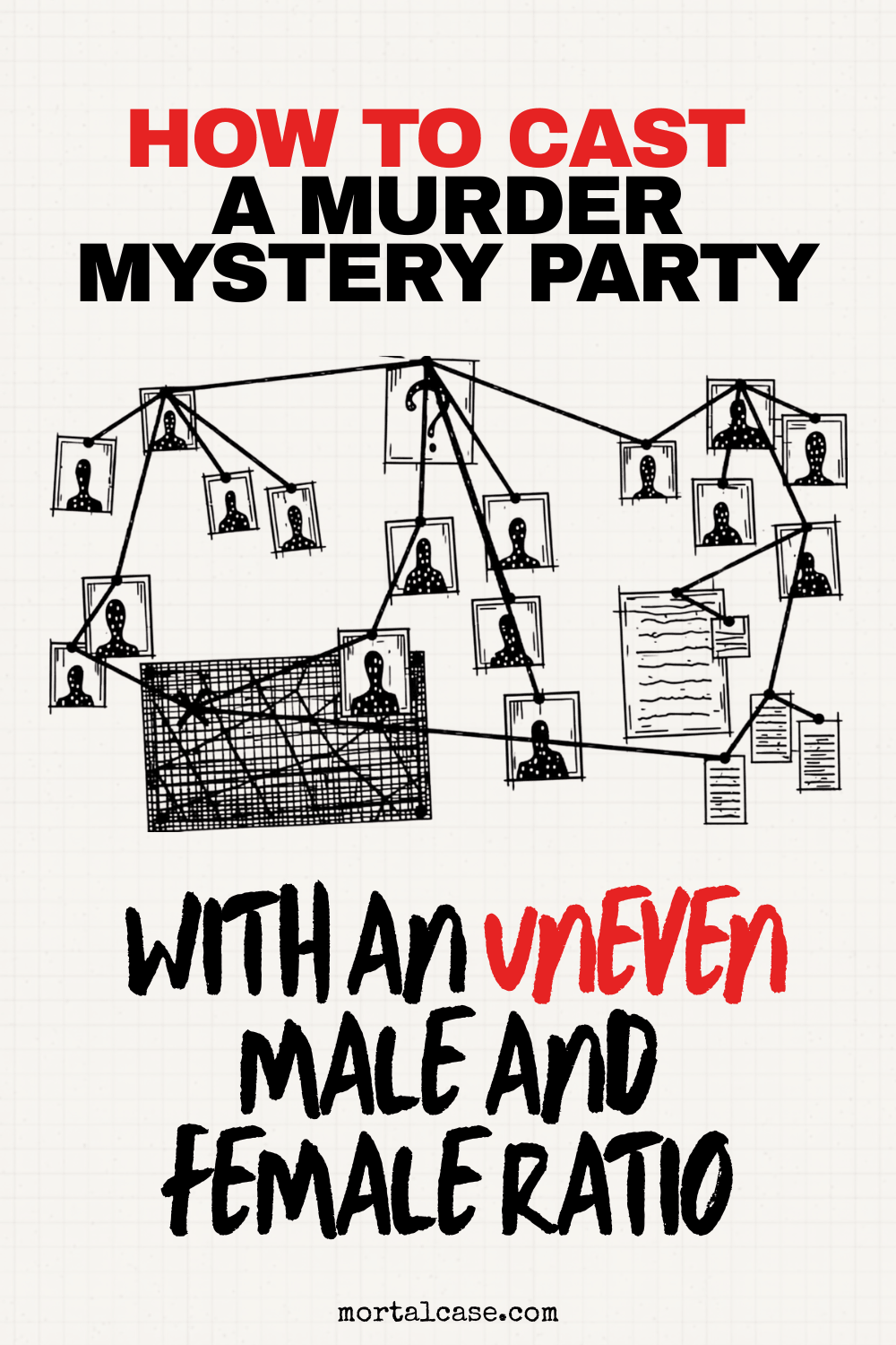 An old-school crime board with drawings of suspects connected by string, under the headline about casting a murder mystery party with an uneven male and female ratio