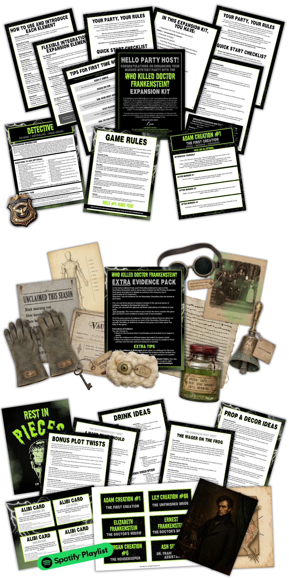 who-killed-doctor-frankenstein-expansion-kit-transparent Printed extras from the Who Killed Doctor Frankenstein? Expansion Kit: Character Prompts, Alibi Cards, Gossip Notes, extra evidence and party posters.