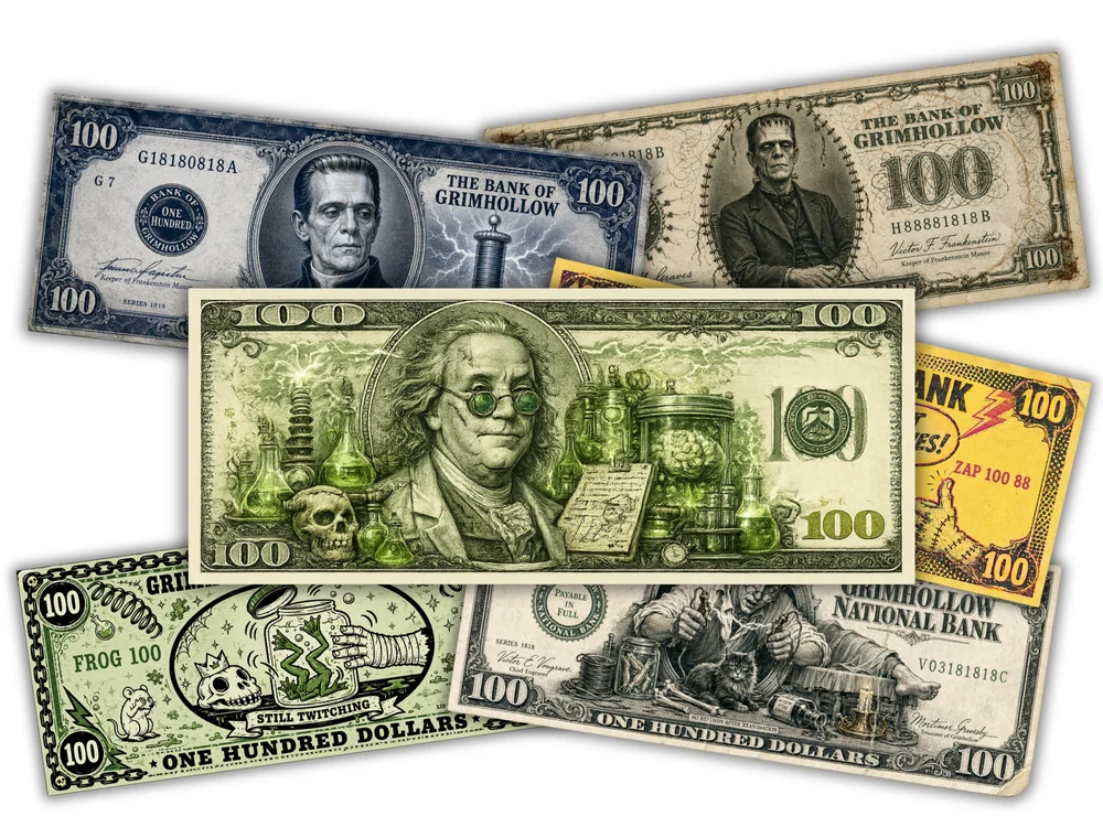 who-killed-doctor-frankenstein-game-money Printable themed play money for Who Killed Doctor Frankenstein?, six bill designs to print for your murder mystery party.