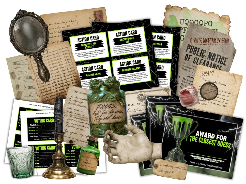 who-killed-doctor-frankenstein-game-play-elements Printed evidence, Action Cards, voting cards and award certificates from the Who Killed Doctor Frankenstein? murder mystery game.