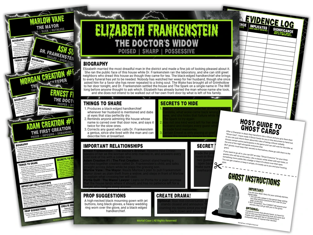 who-killed-doctor-frankenstein-guest-documents Printed Character Guides, Ghost Cards and an Evidence Log from the Who Killed Doctor Frankenstein? murder mystery kit.