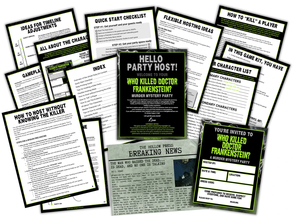 who-killed-doctor-frankenstein-host-documents Printed host material for Who Killed Doctor Frankenstein?: host guide, quick start checklist, party timeline, character overview and themed invitation.