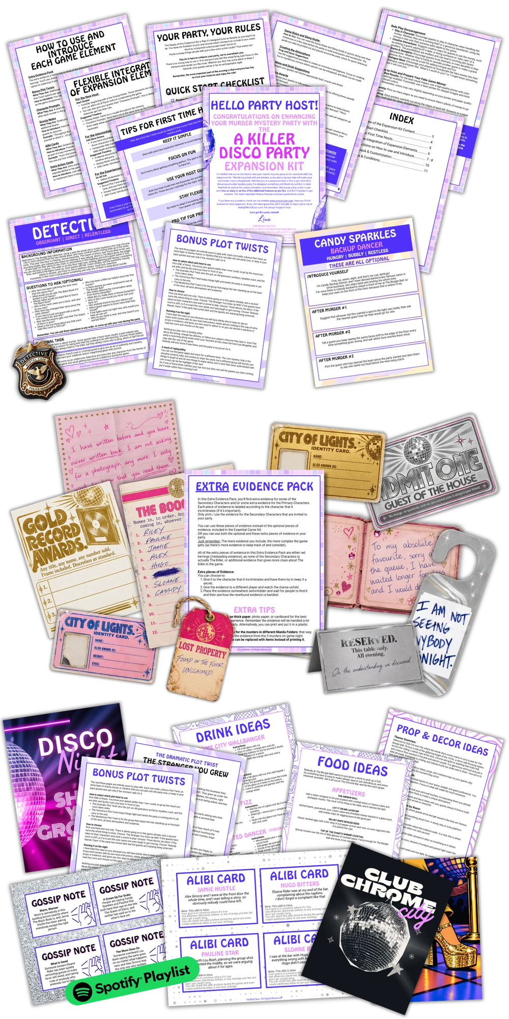 Printed extras from the A Killer Disco Party Expansion Kit: Character Prompts, Alibi Cards, Gossip Notes, extra evidence and party posters.