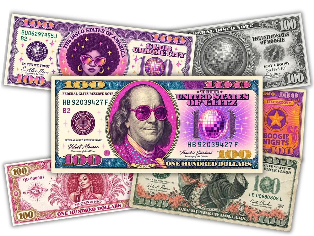 Printable themed play money for A Killer Disco Party, six bill designs to print for your murder mystery party.