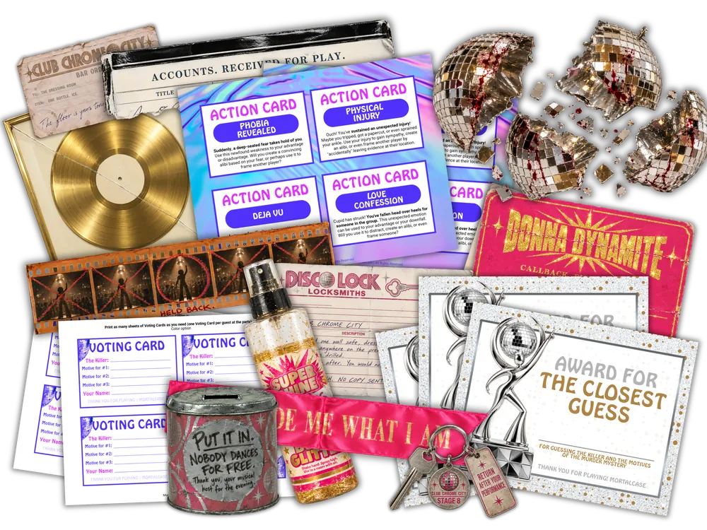 Printed evidence, Action Cards, voting cards and award certificates from the A Killer Disco Party murder mystery game.