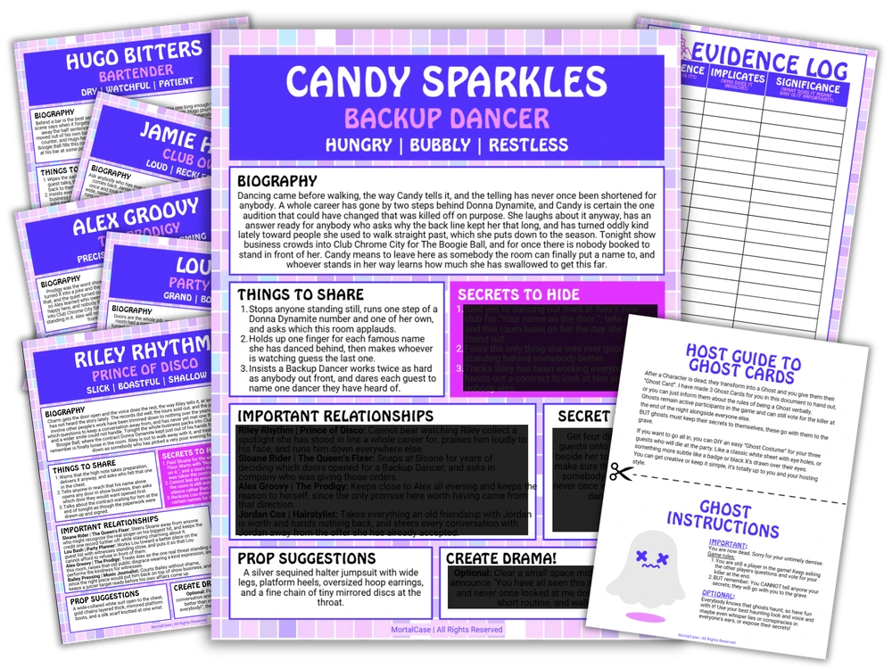 Printed Character Guides, Ghost Cards and an Evidence Log from the A Killer Disco Party murder mystery kit.