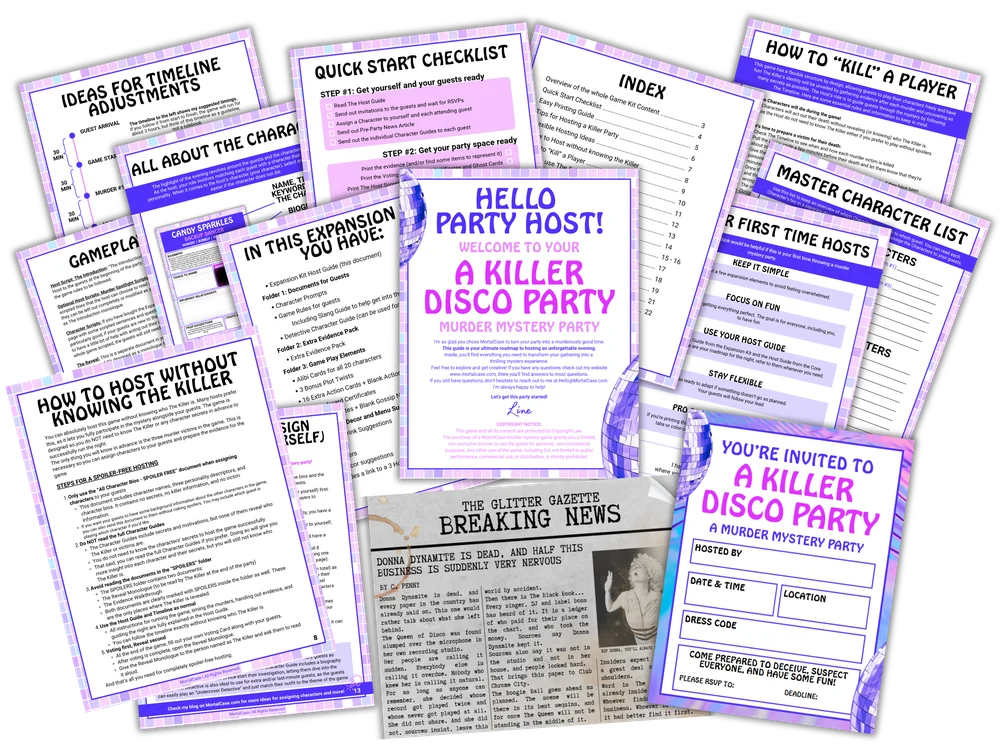 Printed host material for A Killer Disco Party: host guide, quick start checklist, party timeline, character overview and themed invitation.